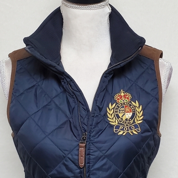 VINTAGE Polo Ralph Lauren Navy Blue Quilted Faux Suede Logo Crest Puffer Vest XS - Picture 5 of 16